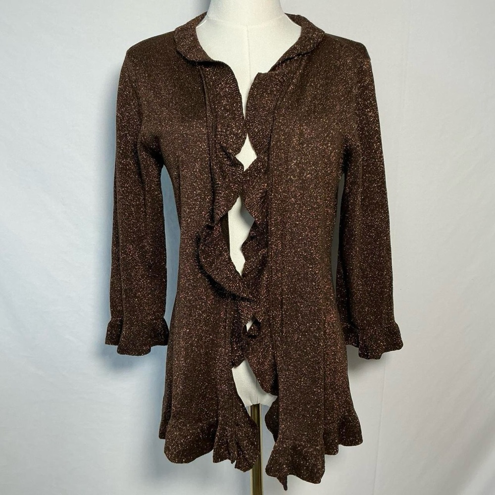 Dressbarn Brown Metallic Ruffle Cardigan Fairy Whimsy‎ Y2K Size Large